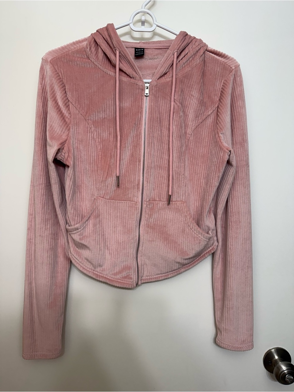 SHEIN Velvet Zip-Up Cropped Hoodie and Flare Leggings - Dusty Rose